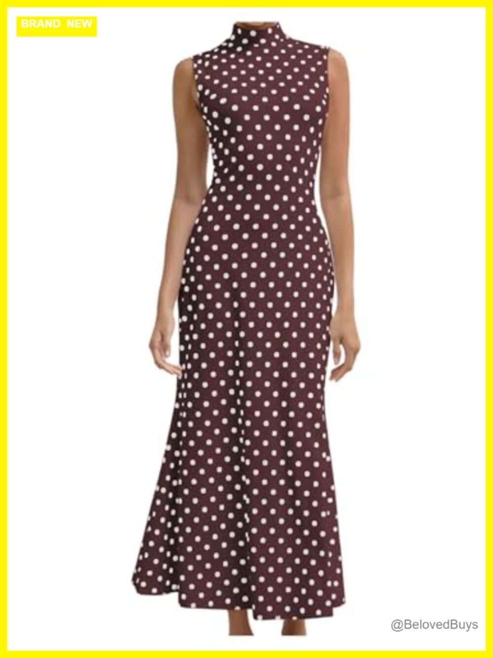 Vintage Polka Dot Bodycon Maxi Dress Mock Neck Sleeveless Fishtail